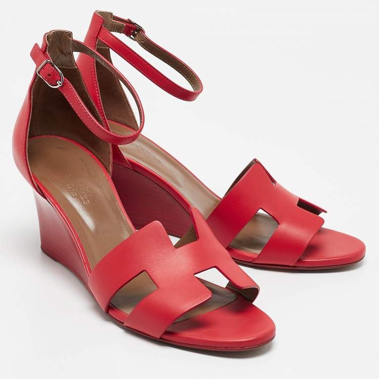 Pre Owned Hermes Orange Leather Legend Ankle Strap Wedge Sandals Size 40.5