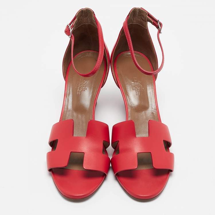 Pre Owned Hermes Orange Leather Legend Ankle Strap Wedge Sandals Size 40.5