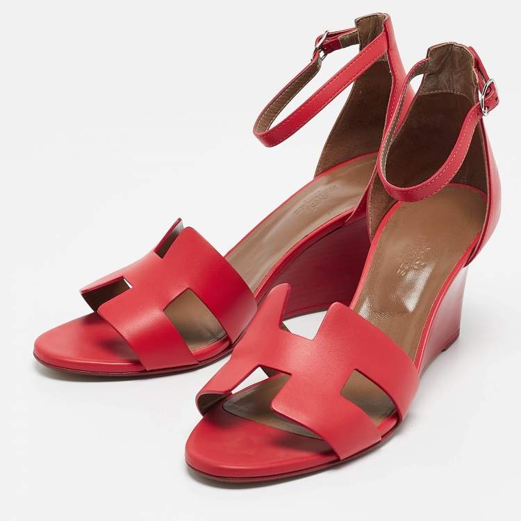 Pre Owned Hermes Orange Leather Legend Ankle Strap Wedge Sandals Size 40.5