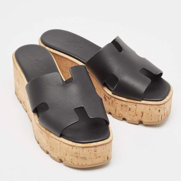Pre Owned Hermes Black Leather Eze Cork Platform Wedge Sandals Size 38