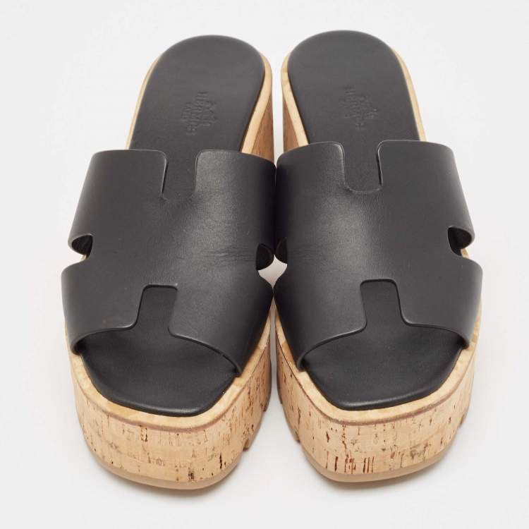 Pre Owned Hermes Black Leather Eze Cork Platform Wedge Sandals Size 38
