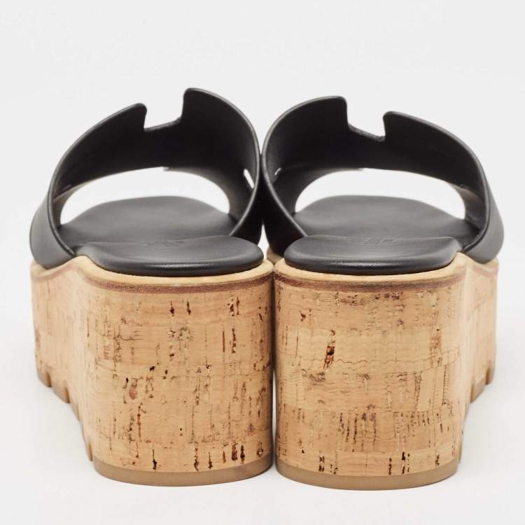 Pre Owned Hermes Black Leather Eze Cork Platform Wedge Sandals Size 38