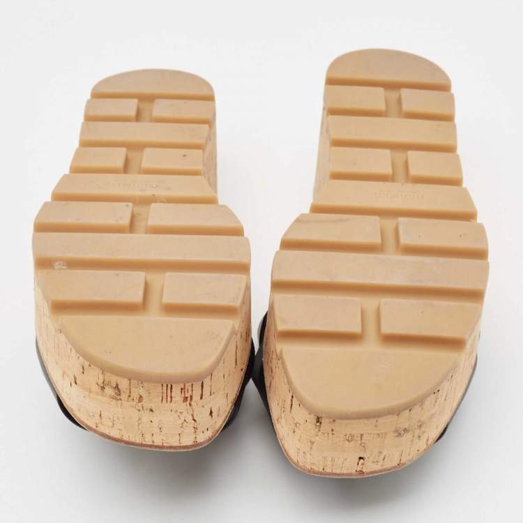 Pre Owned Hermes Black Leather Eze Cork Platform Wedge Sandals Size 38