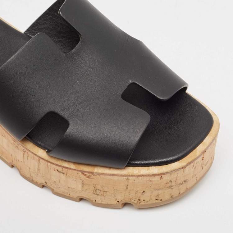 Pre Owned Hermes Black Leather Eze Cork Platform Wedge Sandals Size 38