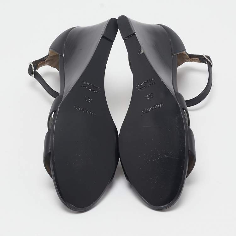 Pre Owned Hermes Black Leather Legend Wedge Sandals Size 37.5