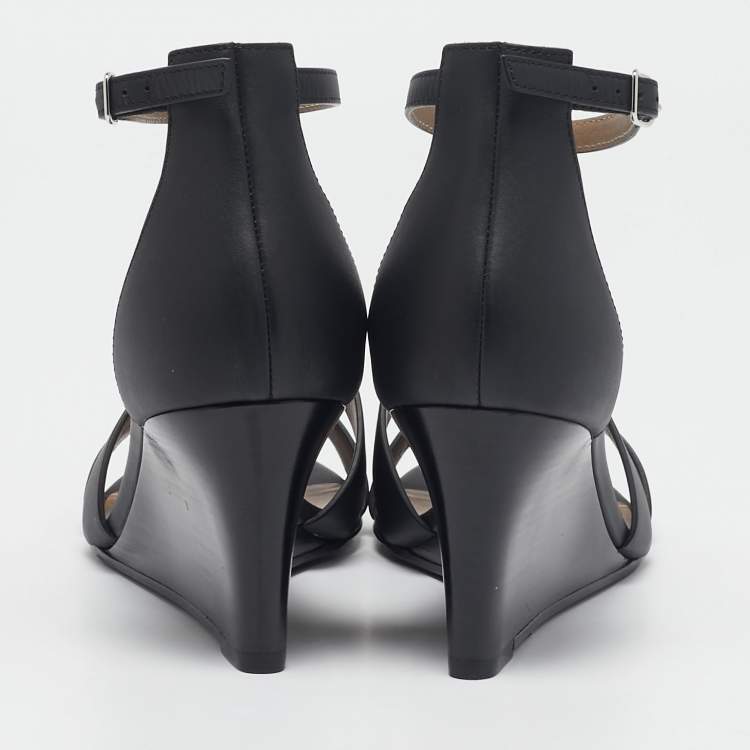 Pre Owned Hermes Black Leather Legend Wedge Sandals Size 37.5