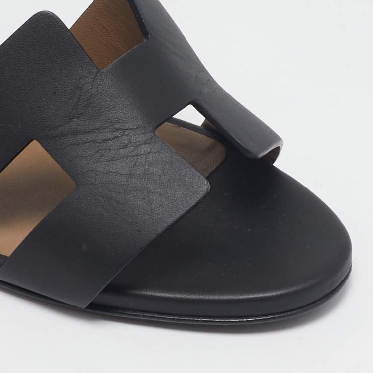 Pre Owned Hermes Black Leather Legend Wedge Sandals Size 37.5