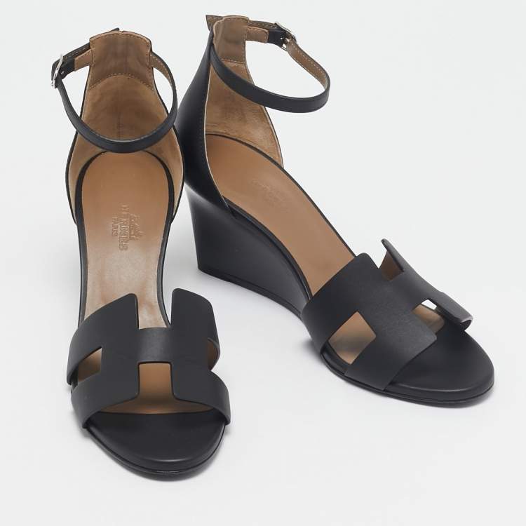 Pre Owned Hermes Black Leather Legend Wedge Sandals Size 37.5