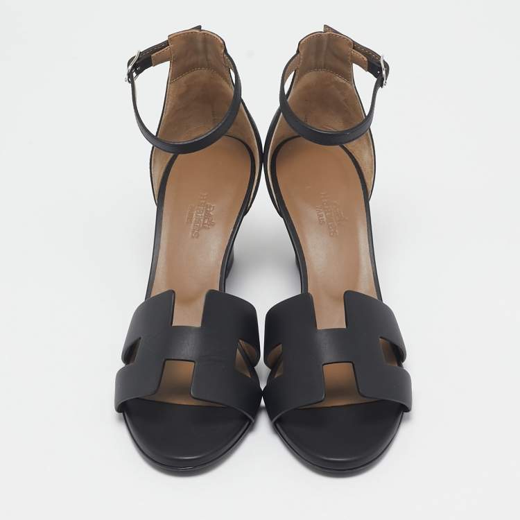 Pre Owned Hermes Black Leather Legend Wedge Sandals Size 37.5