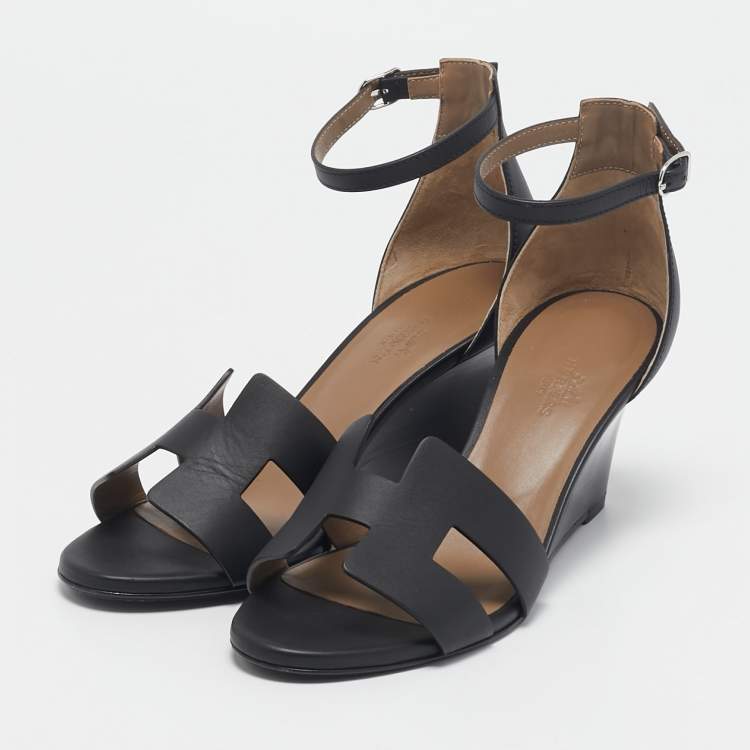 Pre Owned Hermes Black Leather Legend Wedge Sandals Size 37.5