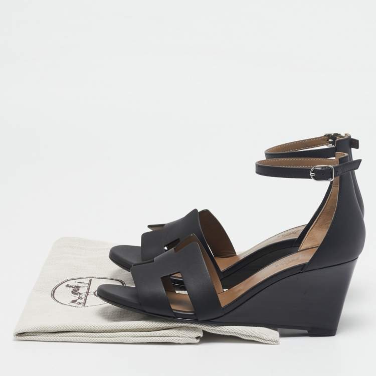 Pre Owned Hermes Black Leather Legend Wedge Sandals Size 37.5