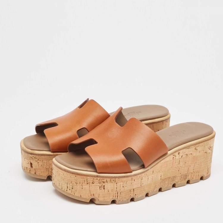 Pre Owned Hermes Brown Leather Eze Platform Cork Wedge Sandals Size 38