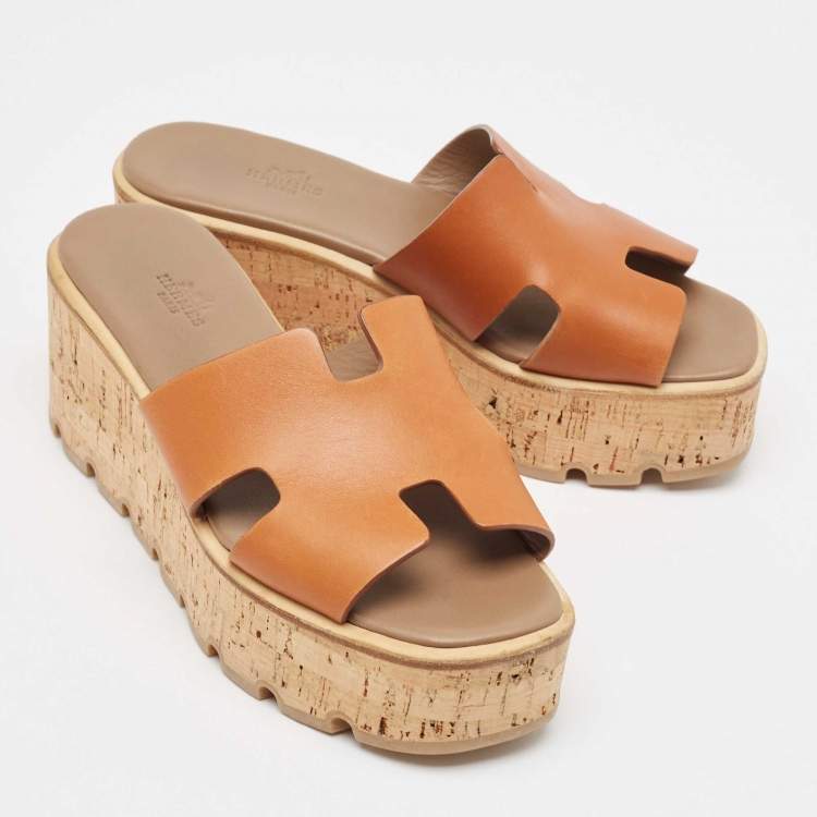 Pre Owned Hermes Brown Leather Eze Platform Cork Wedge Sandals Size 38