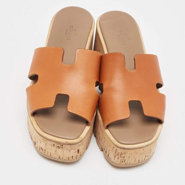 Pre Owned Hermes Brown Leather Eze Platform Cork Wedge Sandals Size 38