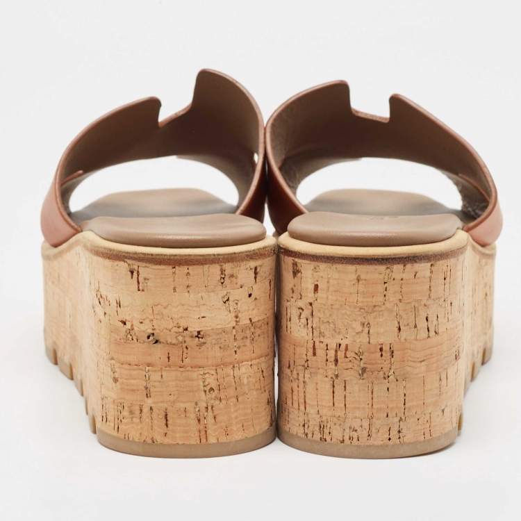 Pre Owned Hermes Brown Leather Eze Platform Cork Wedge Sandals Size 38