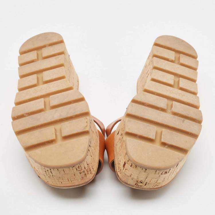 Pre Owned Hermes Brown Leather Eze Platform Cork Wedge Sandals Size 38