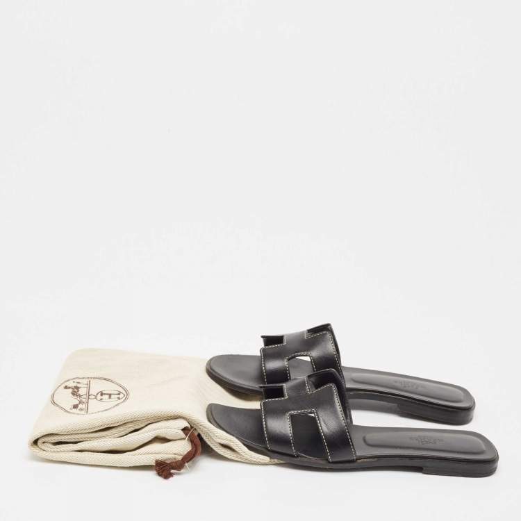 Pre Owned Hermes Black Leather Oran Flat Slides Size 38