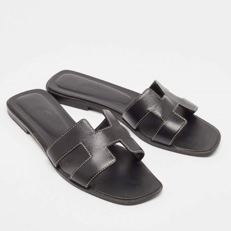 Pre Owned Hermes Black Leather Oran Flat Slides Size 38