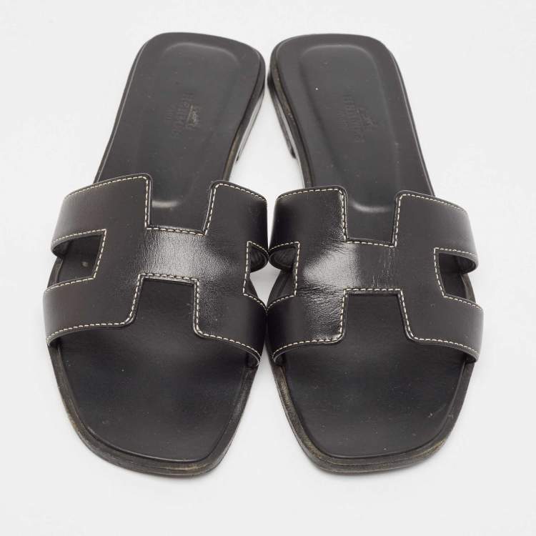 Pre Owned Hermes Black Leather Oran Flat Slides Size 38