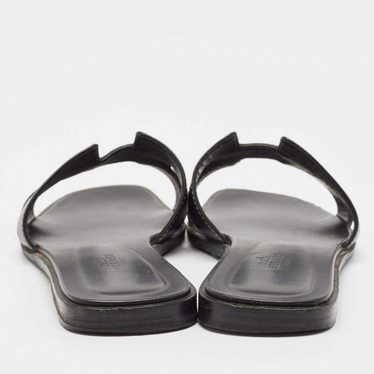 Pre Owned Hermes Black Leather Oran Flat Slides Size 38
