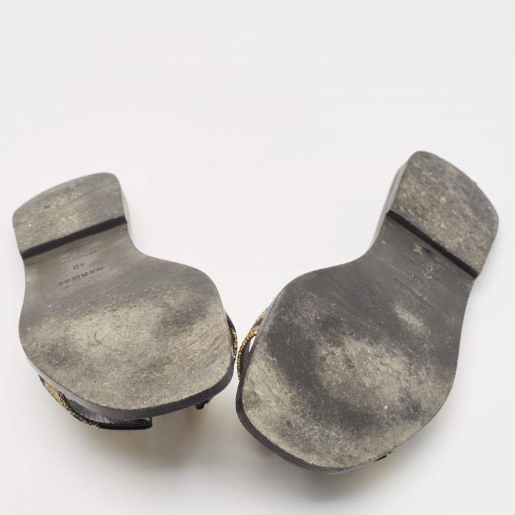 Pre Owned Hermes Black/Yellow Printed Satin Oran Flat Slides Size 40