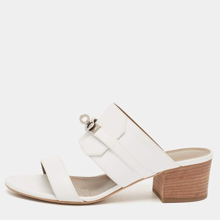 Pre Owned Hermes White Leather Ovation Slide Sandals Size 37.5