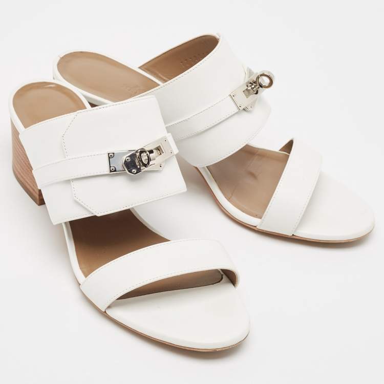 Pre Owned Hermes White Leather Ovation Slide Sandals Size 37.5