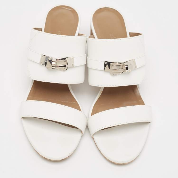 Pre Owned Hermes White Leather Ovation Slide Sandals Size 37.5