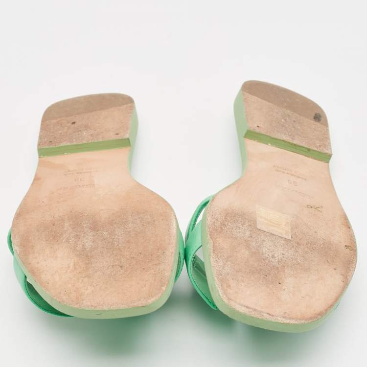 Pre Owned Hermes Green Leather Oran Flat Slides Size 38