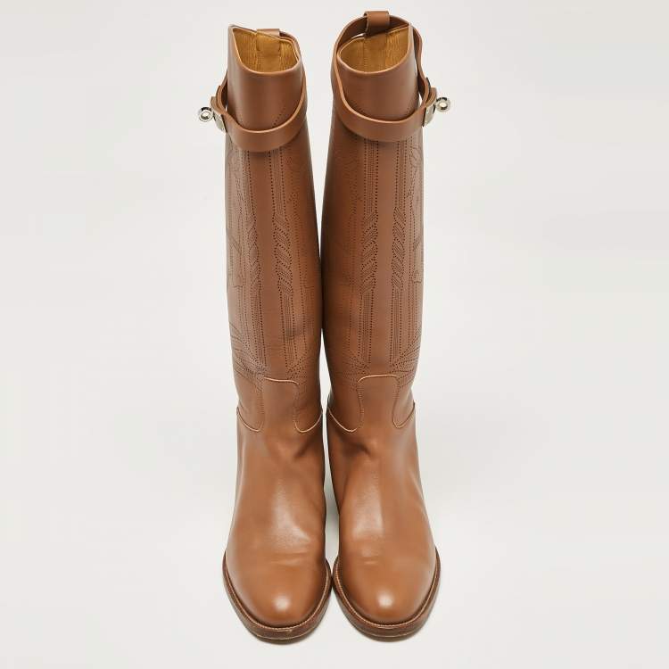 Pre Owned Hermes Brown Leather H Jumping Knee Length Boots Size 38