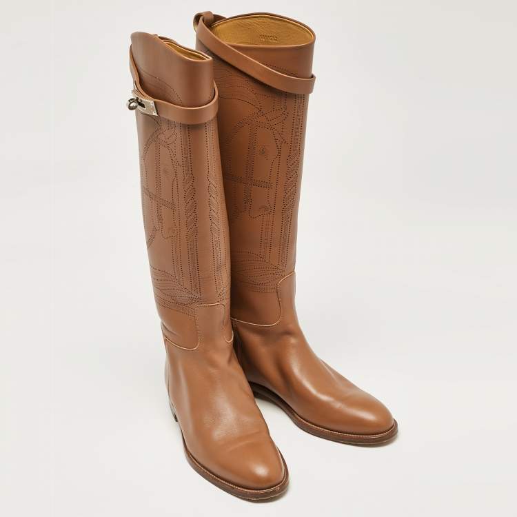 Pre Owned Hermes Brown Leather H Jumping Knee Length Boots Size 38