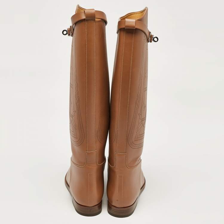 Pre Owned Hermes Brown Leather H Jumping Knee Length Boots Size 38