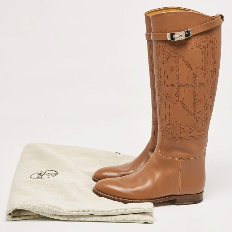 Pre Owned Hermes Brown Leather H Jumping Knee Length Boots Size 38