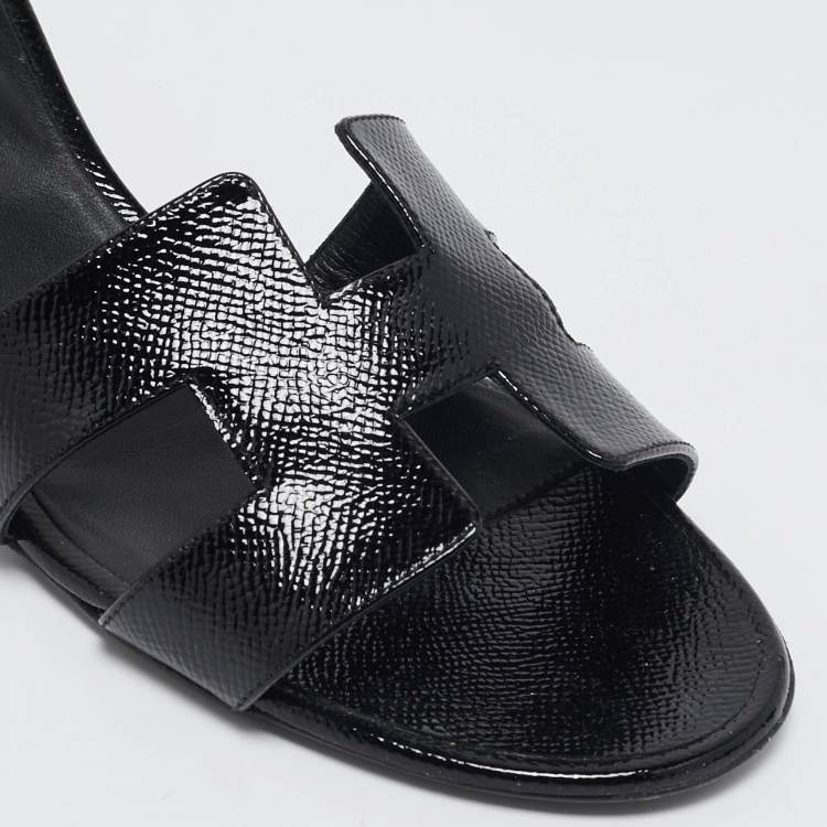 Pre Owned Hermes Black Patent Leather Oasis Slide Sandals Size 40.5