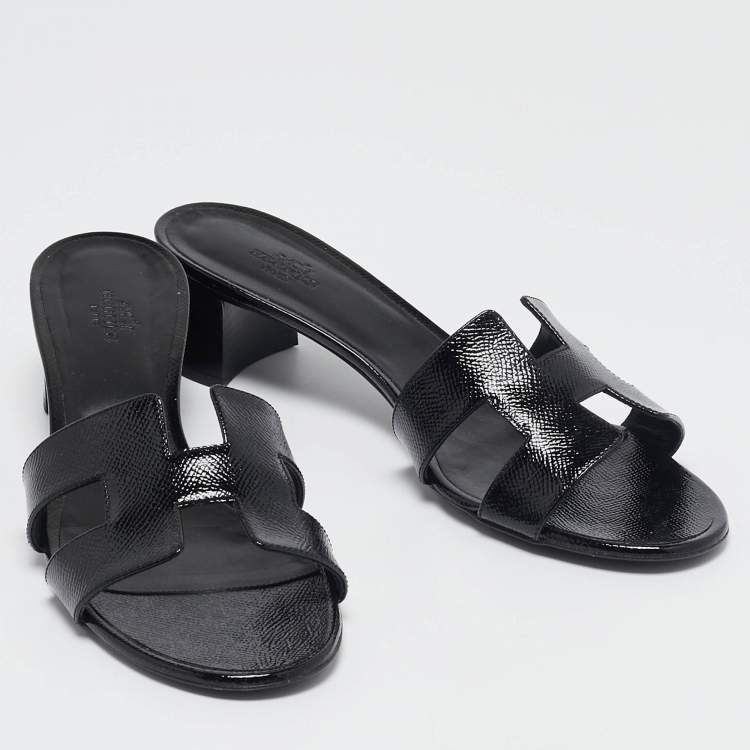 Pre Owned Hermes Black Patent Leather Oasis Slide Sandals Size 40.5