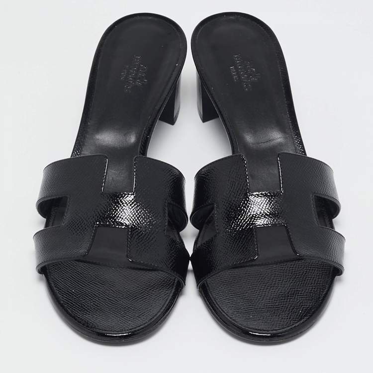 Pre Owned Hermes Black Patent Leather Oasis Slide Sandals Size 40.5