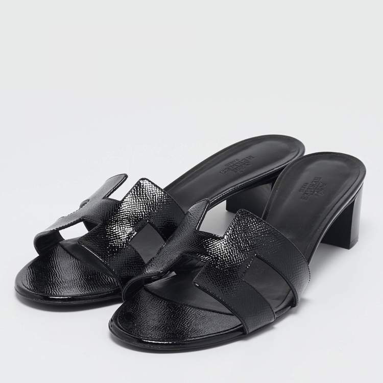 Pre Owned Hermes Black Patent Leather Oasis Slide Sandals Size 40.5