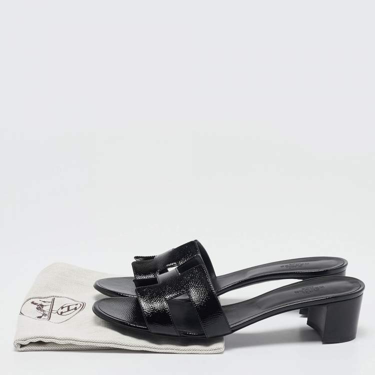 Pre Owned Hermes Black Patent Leather Oasis Slide Sandals Size 40.5