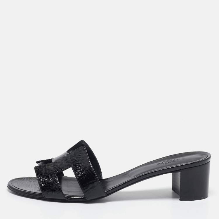 Pre Owned Hermes Black Patent Leather Oasis Slide Sandals Size 40.5