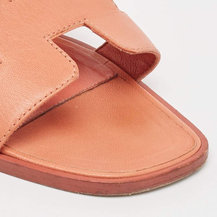 Pre Owned Hermes Orange Leather Oran Flat Slides Size 38