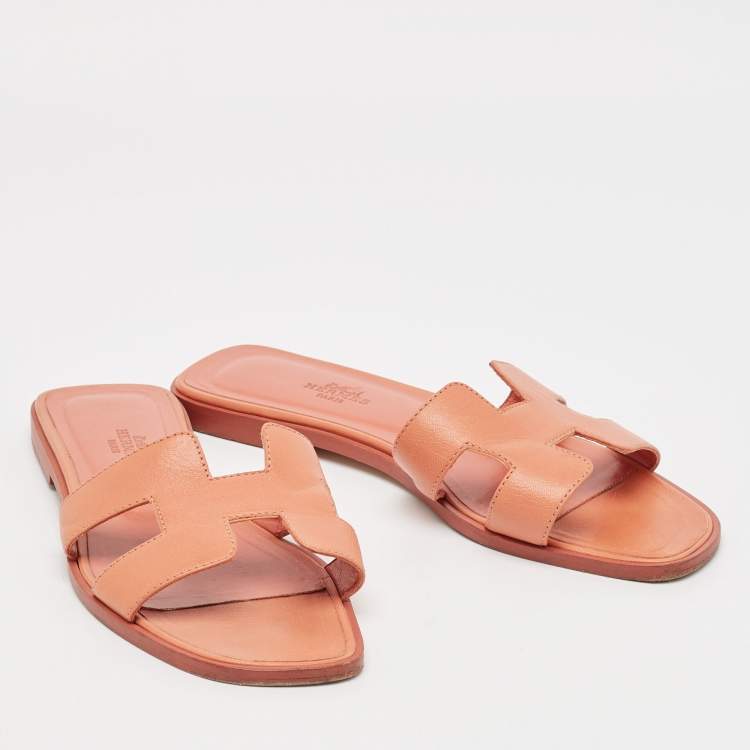 Pre Owned Hermes Orange Leather Oran Flat Slides Size 38