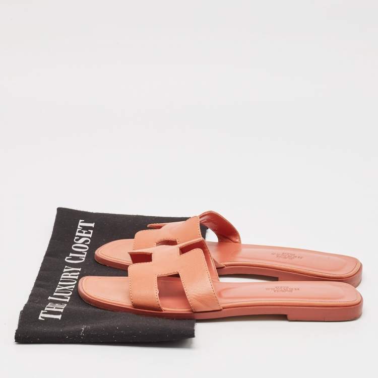 Pre Owned Hermes Orange Leather Oran Flat Slides Size 38