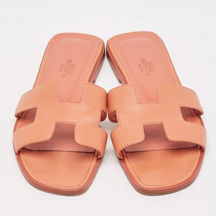 Pre Owned Hermes Orange Leather Oran Flat Slides Size 38