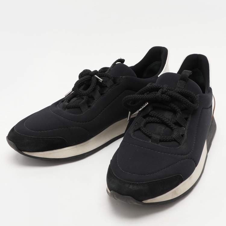 Pre Owned Hermes Black/White Leather and Neoprene Miles Low Top Sneakers Size 38.5