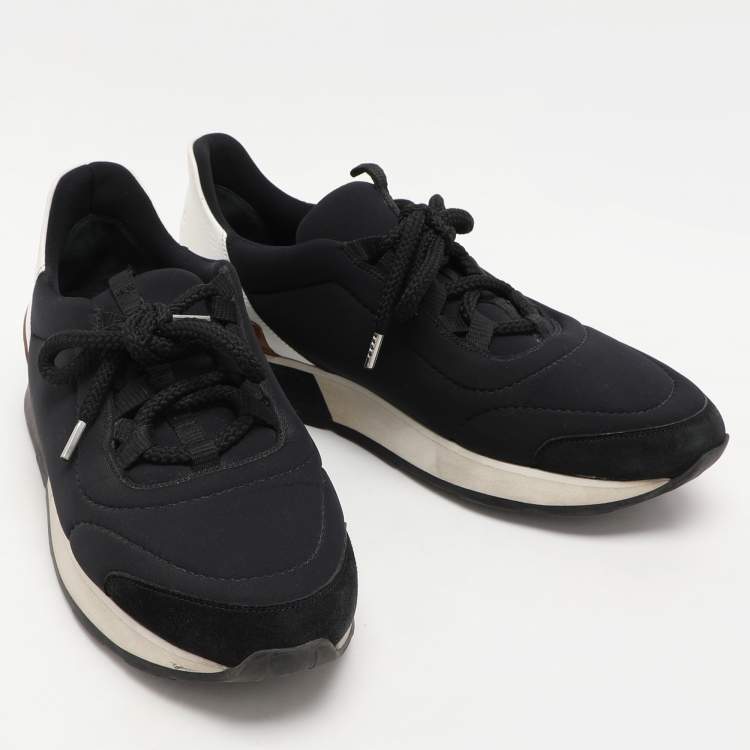 Pre Owned Hermes Black/White Leather and Neoprene Miles Low Top Sneakers Size 38.5