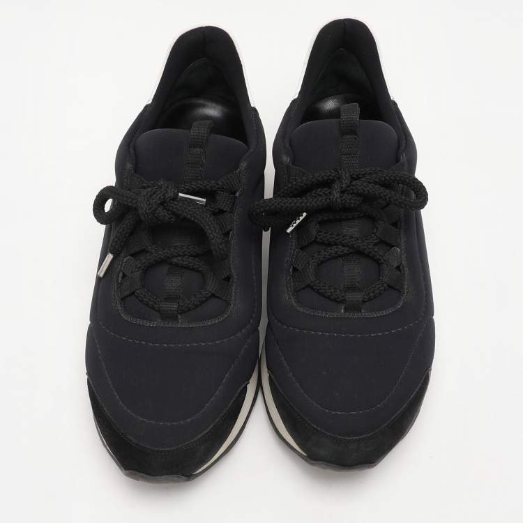 Pre Owned Hermes Black/White Leather and Neoprene Miles Low Top Sneakers Size 38.5