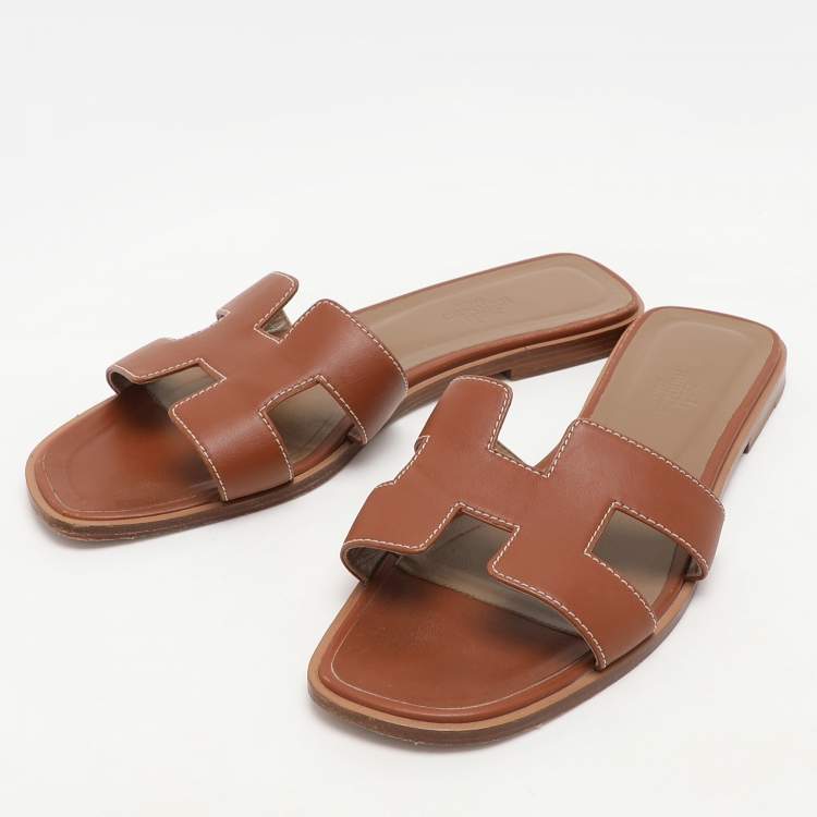 Pre Owned Hermes Brown Leather Oran Flats Size 39