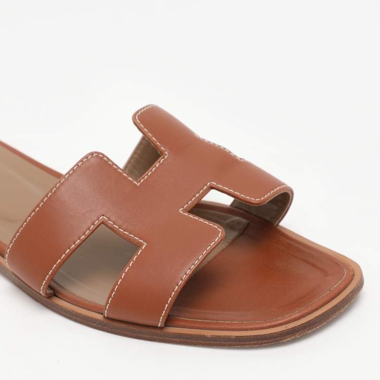 Pre Owned Hermes Brown Leather Oran Flats Size 39