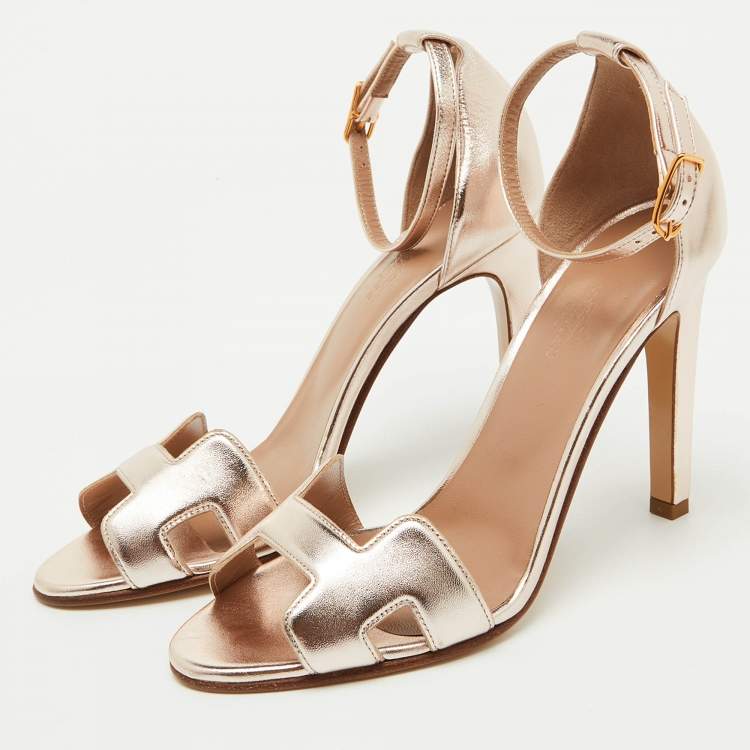 Pre Owned Hermes Metallic Leather Premiere 70 Ankle Strap Sandals Size 37.5