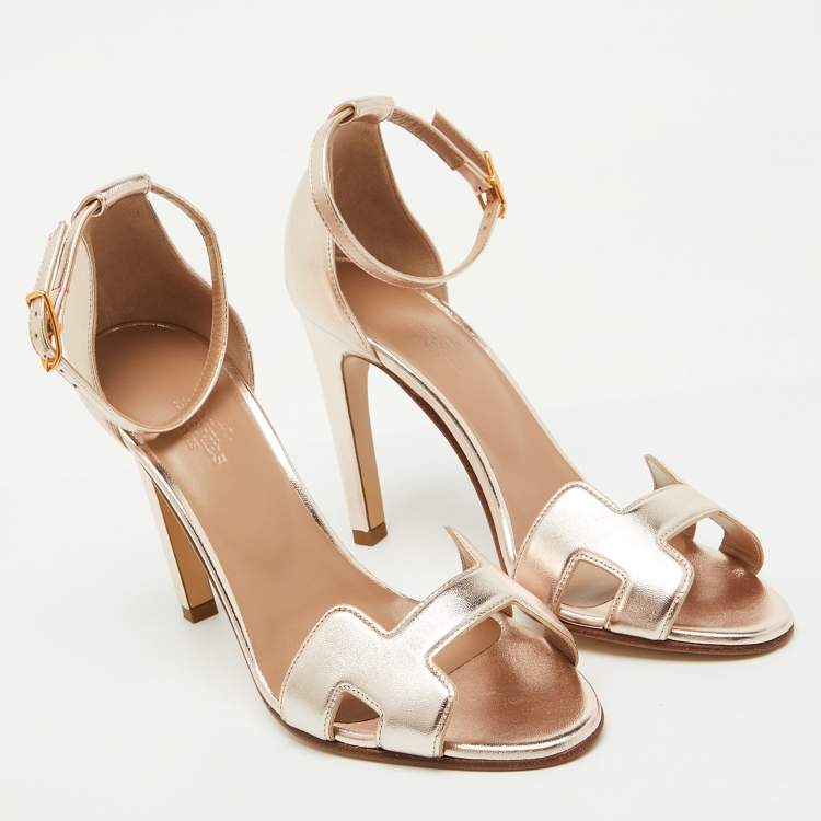 Pre Owned Hermes Metallic Leather Premiere 70 Ankle Strap Sandals Size 37.5